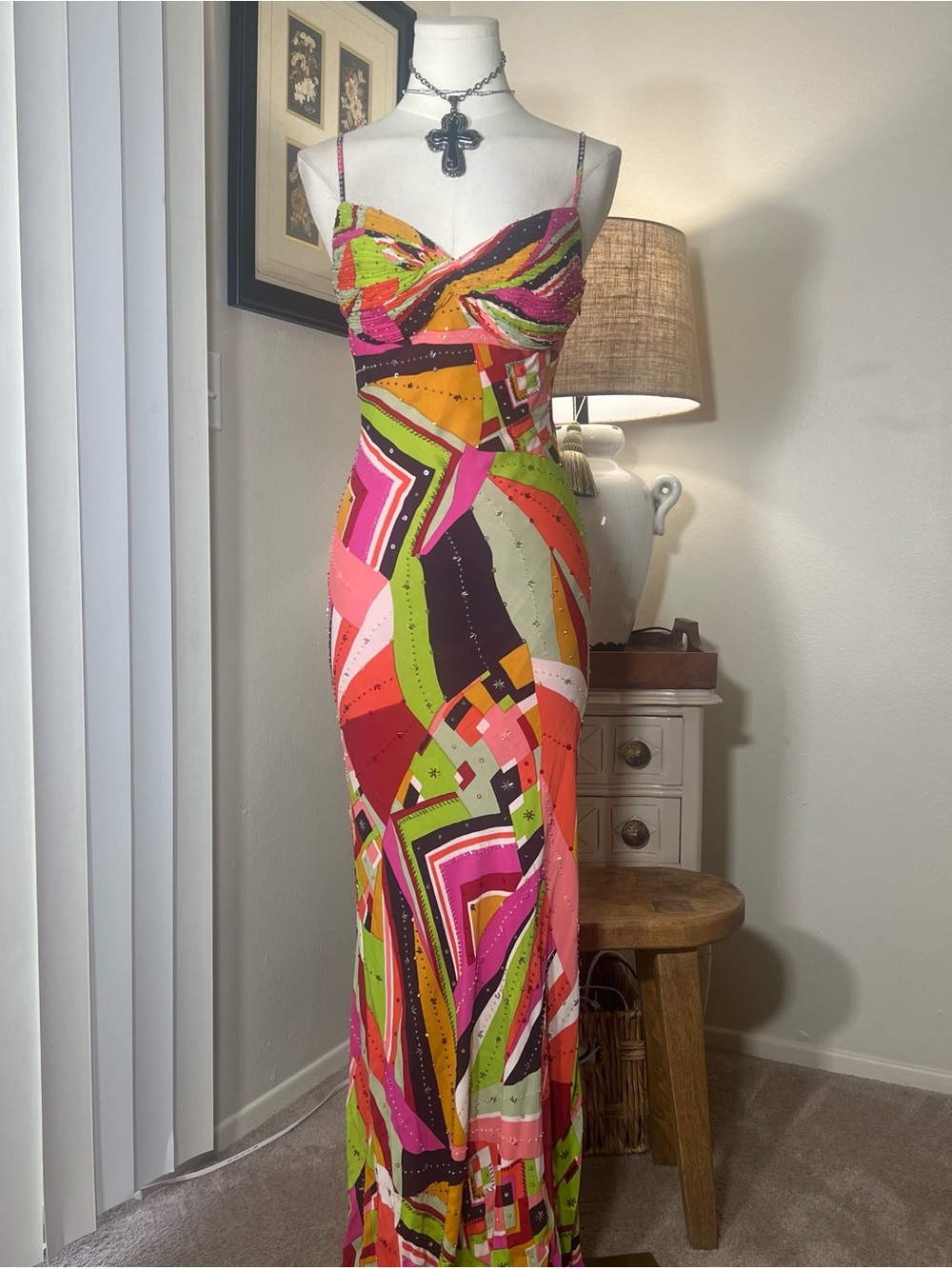 Sue Wong Beaded Multicolor Geometric Maxi Dress in Pink, Green, Orange and Black